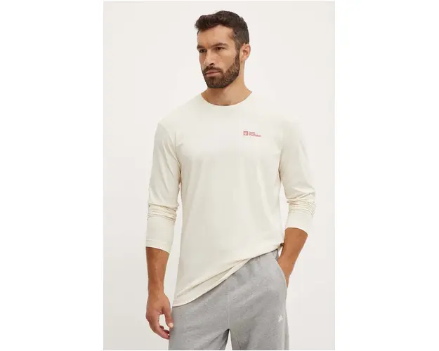 Jack Wolfskin longsleeve din bumbac Essential culoarea bej, neted