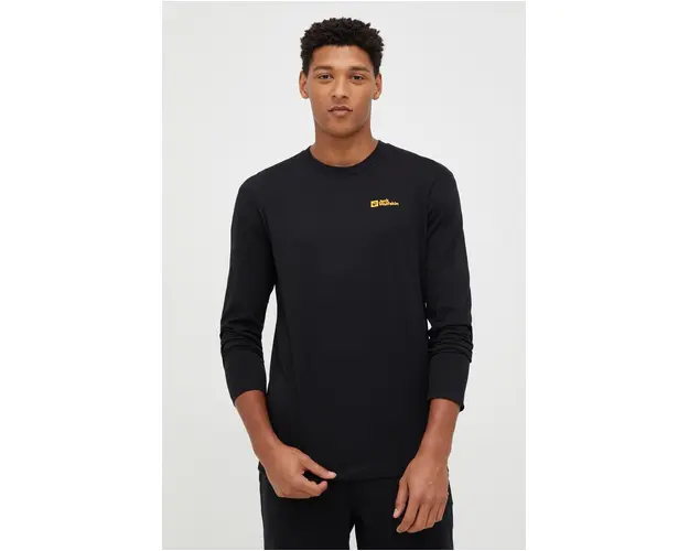 Jack Wolfskin longsleeve din bumbac Essential culoarea negru, neted