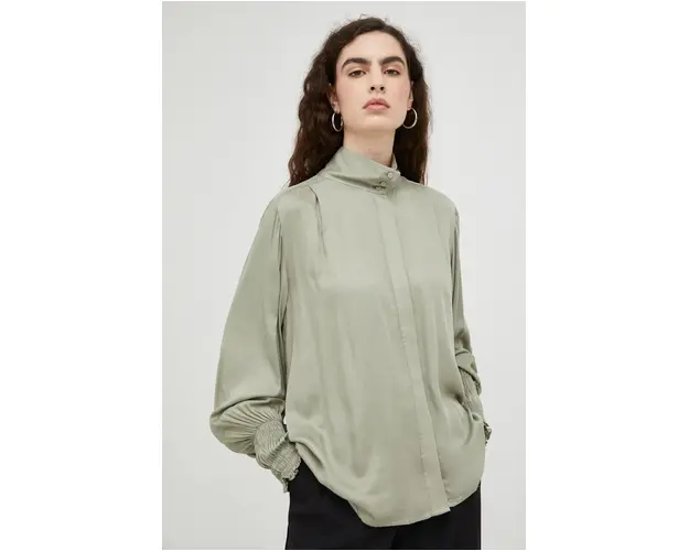 Bruuns Bazaar camasa femei, culoarea verde, cu guler stand-up, relaxed