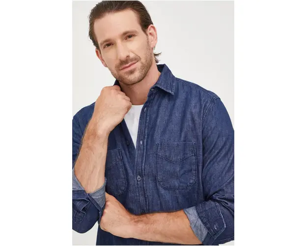 Sisley camasa jeans barbati, culoarea albastru marin, cu guler clasic, regular