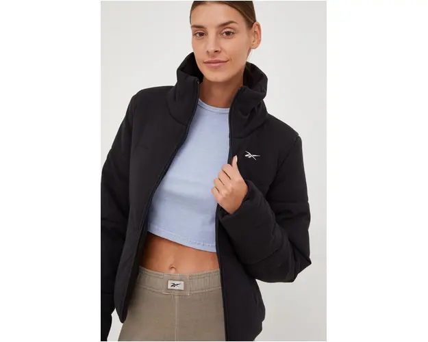 Reebok geaca femei, culoarea negru, de tranzitie