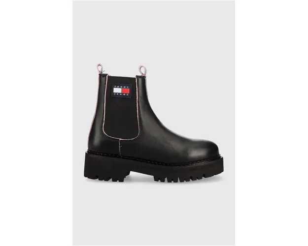Tommy Jeans ghete chelsea de piele Tommy Jeans Piping Chelsea femei, culoarea negru, cu toc plat