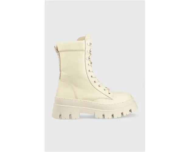 Steve Madden bocanci de piele Fezza femei, culoarea bej, cu toc plat, izolare usoara