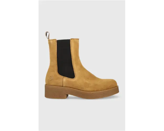 BOSS botine din piele intoarsa Chris femei, culoarea bej, cu toc plat