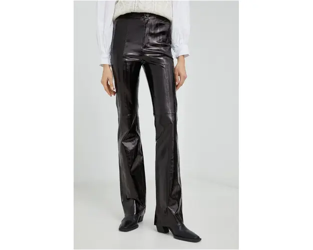 Gestuz pantaloni de piele Gocha femei, culoarea negru, evazati, high waist