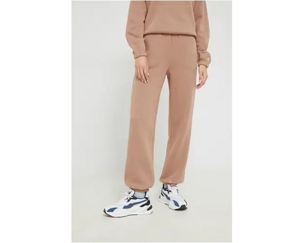 Champion pantaloni de trening femei, culoarea bej, neted