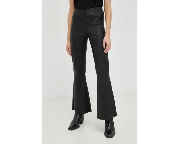 By Malene Birger pantaloni de piele femei, culoarea negru, evazati, high waist