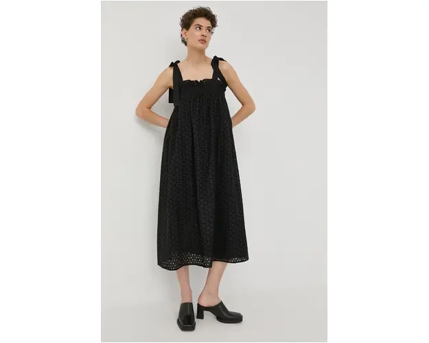 Bruuns Bazaar rochie din bumbac culoarea negru, midi, evazati