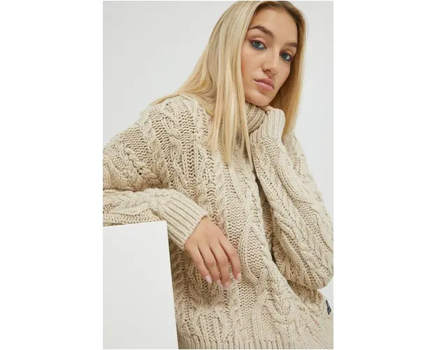 Superdry pulover din amestec de lana femei, culoarea bej, cu guler
