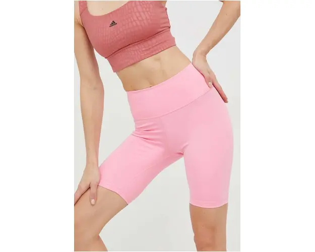 adidas Performance pantaloni scurti de antrenament Optime femei, culoarea roz, neted, high waist