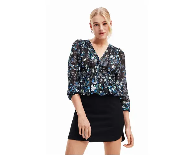 Desigual bluza 23WWBW06 WOMAN WOVEN BLOUSE LONG SLEEVE femei, culoarea albastru marin, in modele florale