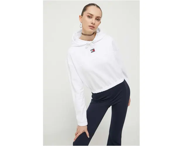 Tommy Jeans bluza femei, culoarea alb, cu gluga, neted