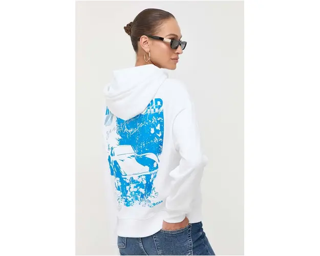 BOSS bluza femei, culoarea alb, cu gluga, cu imprimeu