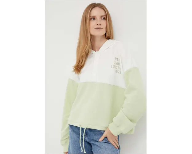 Pepe Jeans hanorac de bumbac femei, culoarea verde, cu gluga, modelator