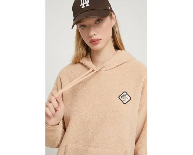 Roxy bluza femei, culoarea bej, cu gluga, cu imprimeu