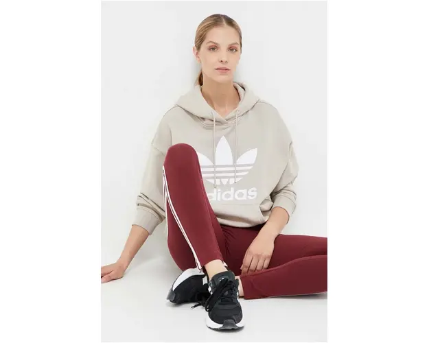 adidas Originals hanorac de bumbac femei, culoarea bej, cu gluga, cu imprimeu