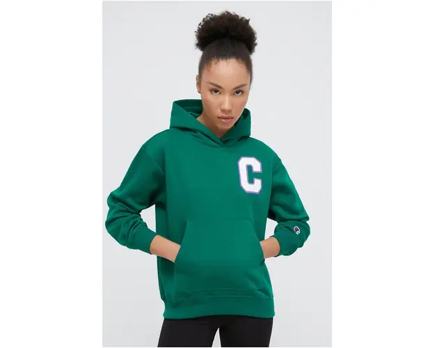 Champion bluza femei, culoarea verde, cu gluga, cu imprimeu