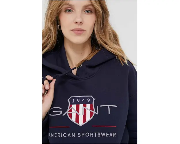 Gant bluza femei, culoarea albastru marin, cu gluga, cu imprimeu