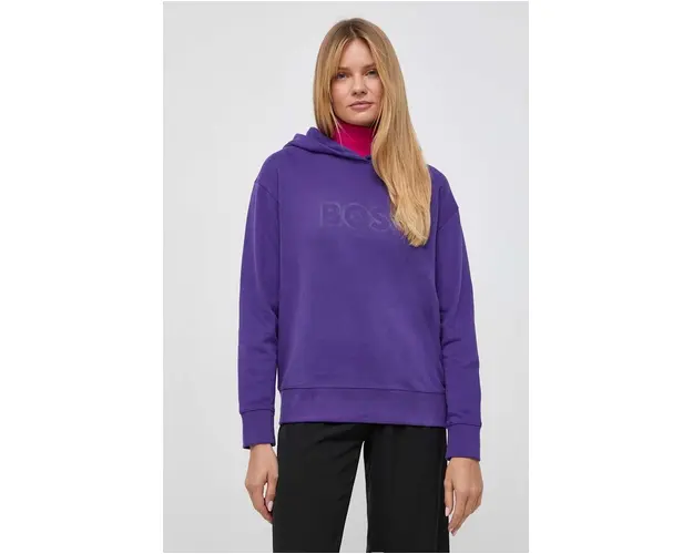 BOSS Orange hanorac de bumbac femei, culoarea violet, cu gluga, imprimeu 50501150