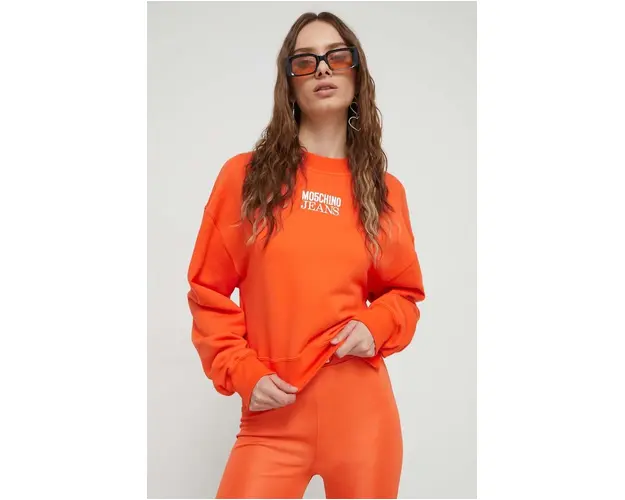 Moschino Jeans hanorac de bumbac femei, culoarea portocaliu, cu imprimeu