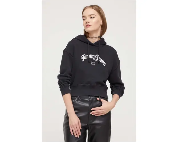 Tommy Jeans hanorac de bumbac femei, culoarea negru, cu gluga, cu imprimeu