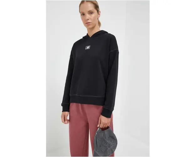 New Balance bluza femei, culoarea negru, cu gluga, cu imprimeu