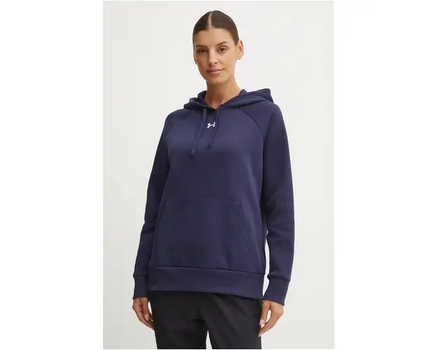 Under Armour bluza femei, culoarea albastru marin, cu gluga, neted