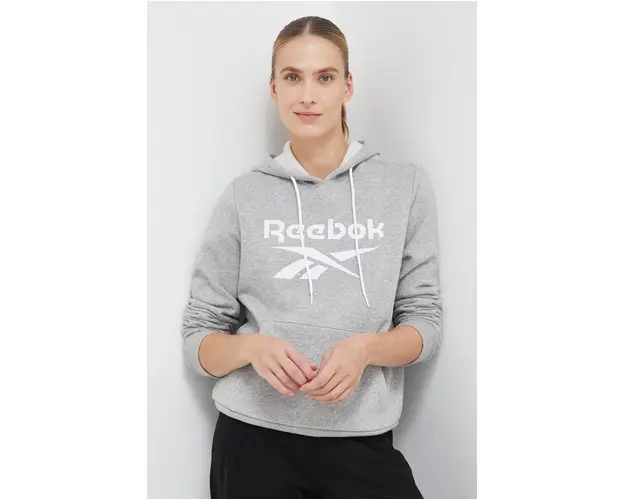 Reebok bluza femei, culoarea gri, cu gluga, cu imprimeu