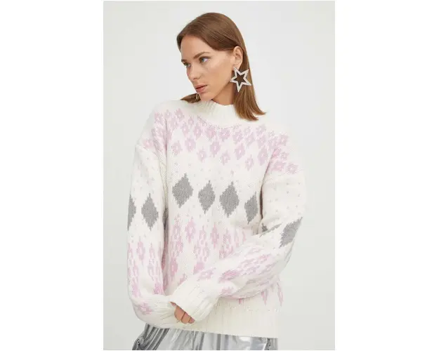 Stine Goya pulover de lana femei, culoarea bej, calduros, cu turtleneck