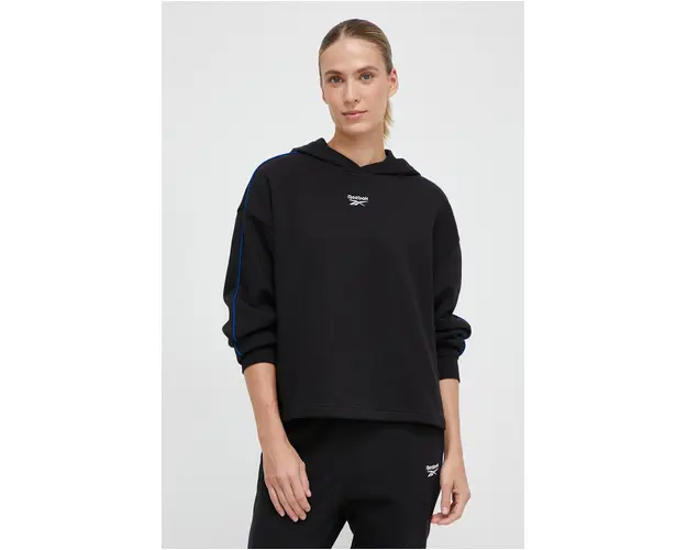 Reebok bluza femei, culoarea negru, cu gluga, neted