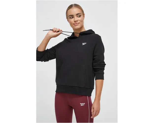 Reebok bluza femei, culoarea negru, cu gluga, neted