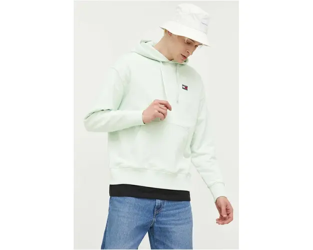 Tommy Jeans hanorac de bumbac barbati, culoarea verde, cu gluga, cu imprimeu