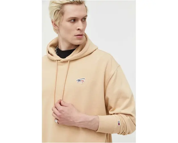 Tommy Jeans bluza barbati, culoarea bej, cu gluga, neted