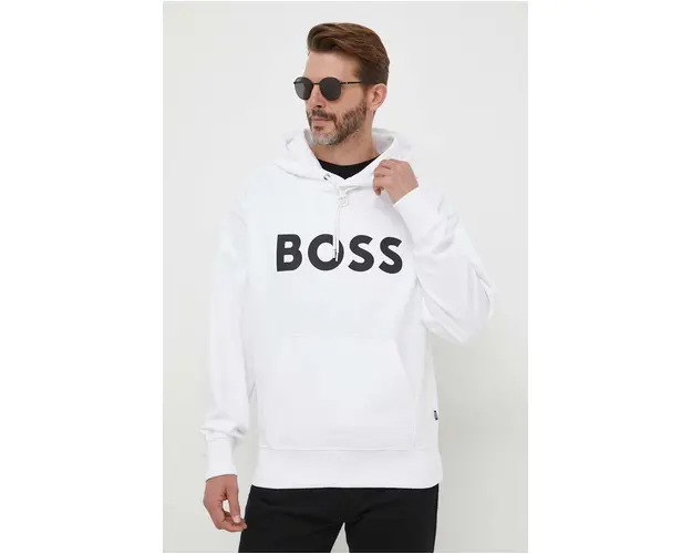 BOSS hanorac de bumbac barbati, culoarea alb, cu gluga, imprimeu 50496661