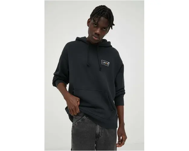 Levi's hanorac de bumbac barbati, culoarea negru, cu gluga, cu imprimeu