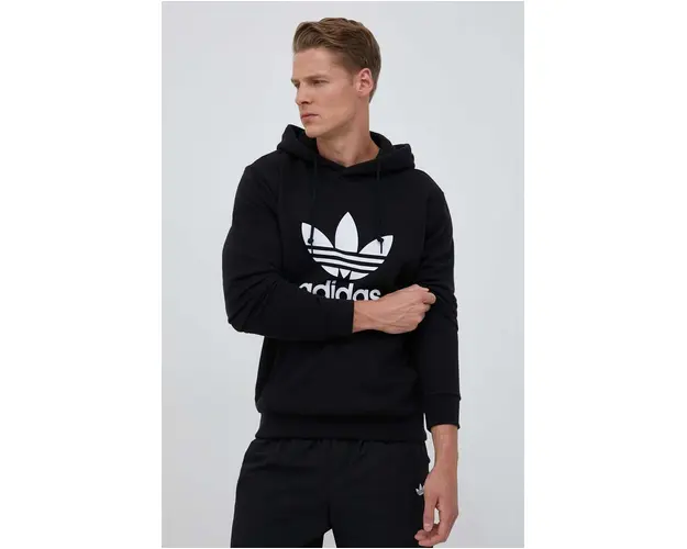 adidas Originals hanorac de bumbac Classics Trefoil Hoodie barbati, culoarea negru, cu gluga, cu imprimeu IM4489