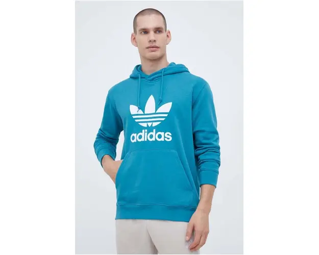 adidas Originals hanorac de bumbac barbati, culoarea turcoaz, cu gluga, cu imprimeu