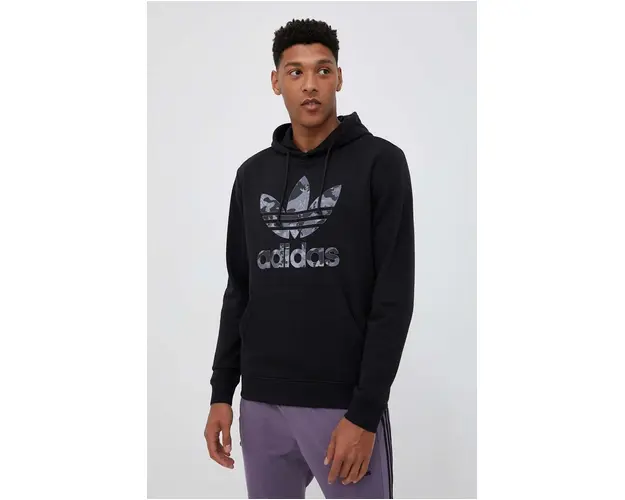 adidas Originals bluza barbati, culoarea negru, cu gluga, cu imprimeu