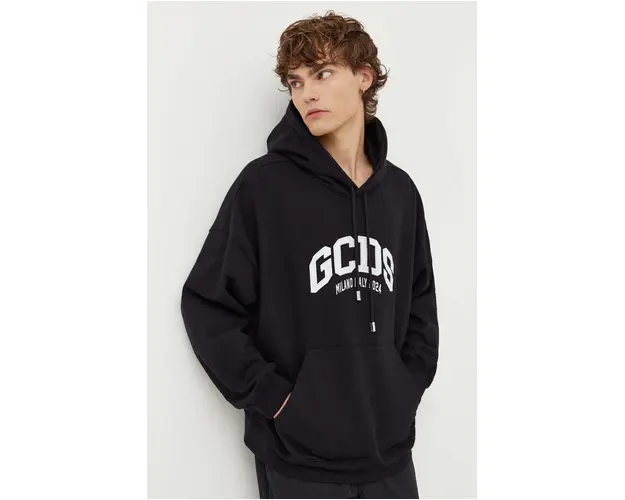 GCDS hanorac de bumbac barbati, culoarea negru, cu gluga, cu imprimeu