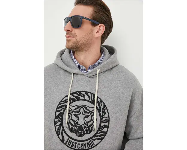 Just Cavalli hanorac de bumbac barbati, culoarea gri, cu gluga, cu imprimeu