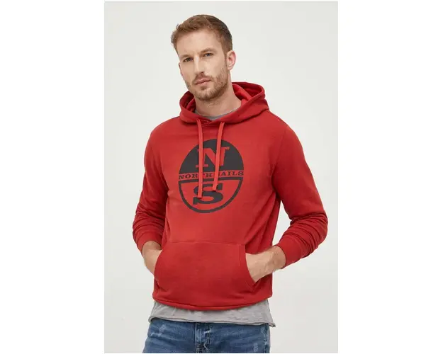 North Sails hanorac de bumbac barbati, culoarea rosu, cu gluga, cu imprimeu
