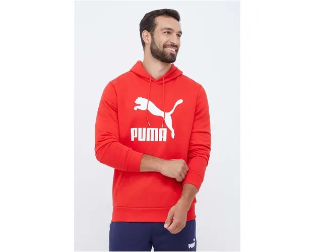 Puma hanorac de bumbac barbati, culoarea rosu, cu gluga, cu imprimeu