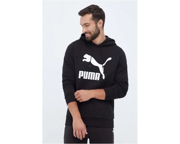 Puma hanorac de bumbac barbati, culoarea negru, cu gluga, cu imprimeu