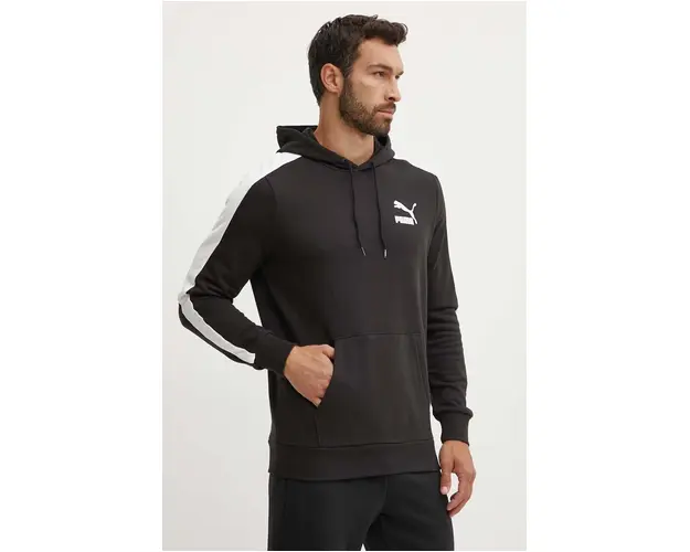 Puma hanorac de bumbac barbati, culoarea negru, cu gluga, cu imprimeu