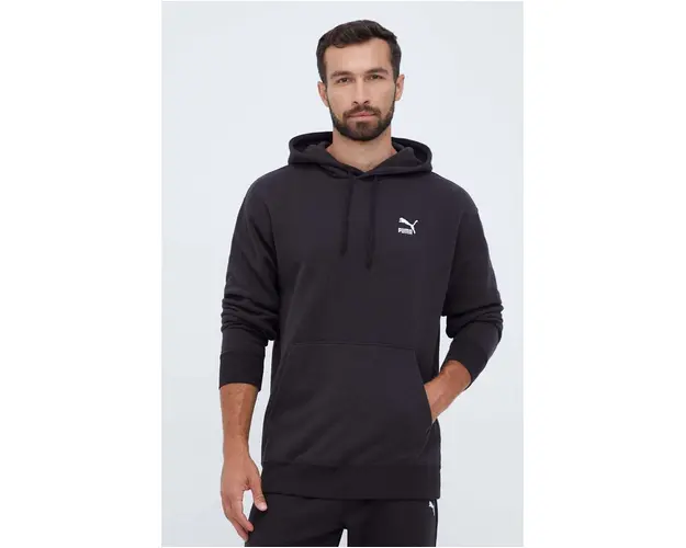 Puma hanorac de bumbac barbati, culoarea negru, cu gluga, cu imprimeu