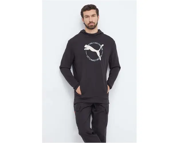 Puma bluza barbati, culoarea negru, cu gluga, cu imprimeu
