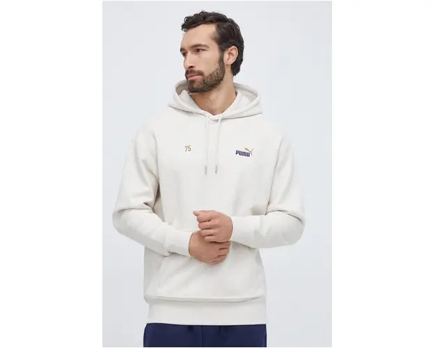 Puma hanorac de bumbac barbati, culoarea bej, cu gluga, cu imprimeu