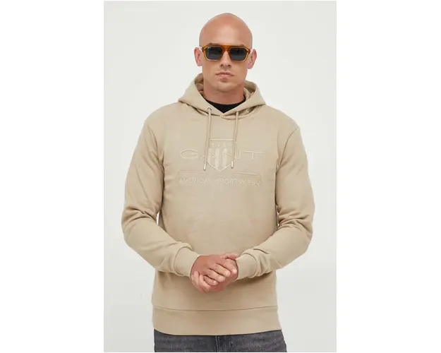 Gant hanorac de bumbac barbati, culoarea bej, cu gluga, neted