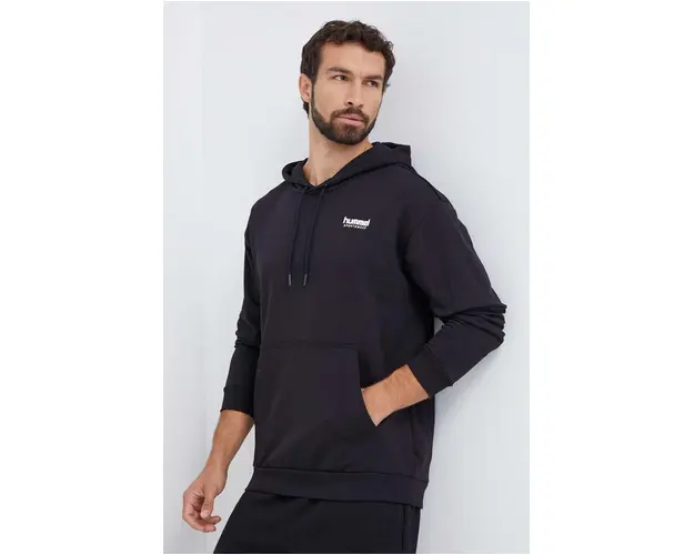 Hummel hanorac de bumbac barbati, culoarea negru, cu gluga, neted