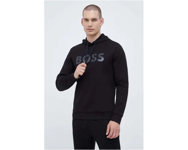 Boss Green hanorac de bumbac BOSS GREEN barbati, culoarea negru, cu gluga, cu imprimeu